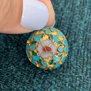 Vintage Cloisonné Pendant, Gold Tone Trim With Light Blue/Light Purple/Green